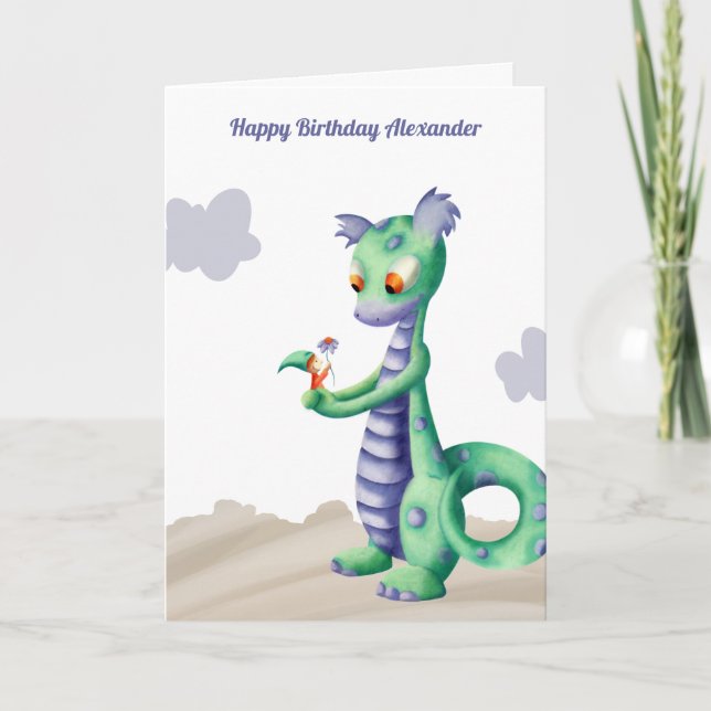 Cute Dragon with Gnome Personalised Birthday Card (Front)
