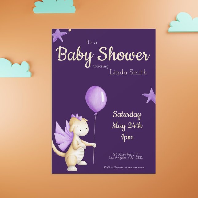 Cute Dragon with Purple Balloon Girl Baby Shower Invitation (Creator Uploaded)