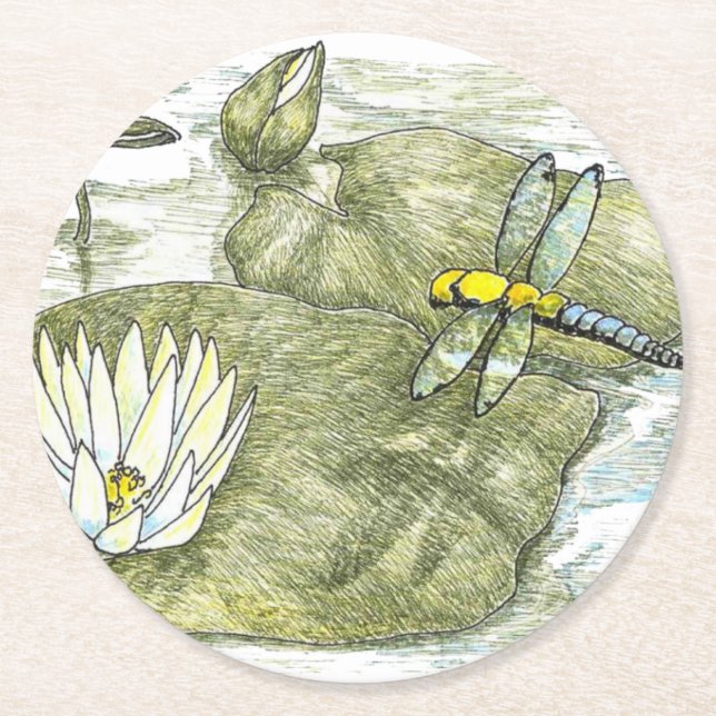 Cute Dragonfly and Lily Pad 4" Round Coasters (Front)