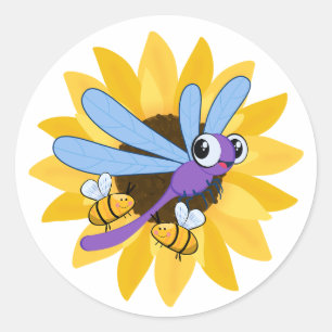 Cute Dragonfly & Bee's Classic Round Sticker