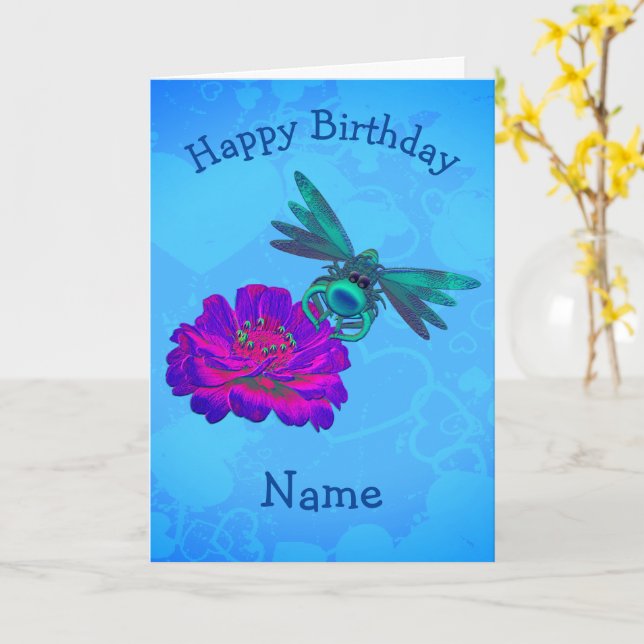 Cute Dragonfly Flower Personalised Birthday  Card (Yellow Flower)