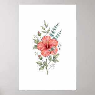Cute Dragonfly Hibiscus Watercolor Garden  Poster