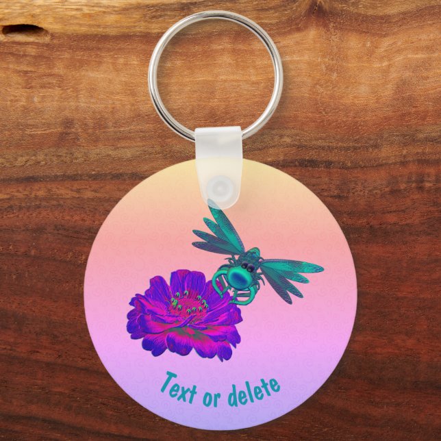 Cute Dragonfly on Flower Personalised Key Ring (Front)