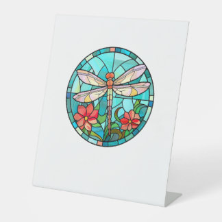 Cute Dragonfly Stained Glass Floral Dragon Fly Lov Pedestal Sign