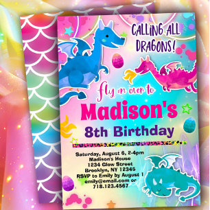 Cute Dragons Birthday Party Invitation for Girls