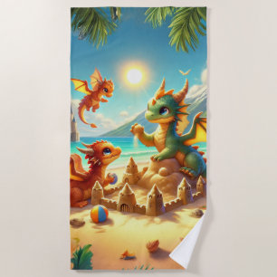 Cute Dragons Building Sand Castles On The Beach Towel