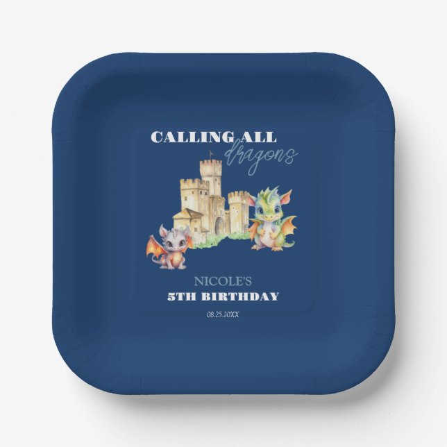 Cute Dragons Castle Fairytale Navy Kids Birthday Paper Plate (Front)