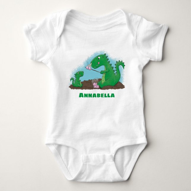 Cute dragons roasting marshmallows cartoon baby bodysuit (Front)