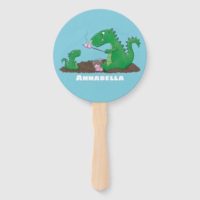 Cute dragons roasting marshmallows cartoon hand fan (Front)