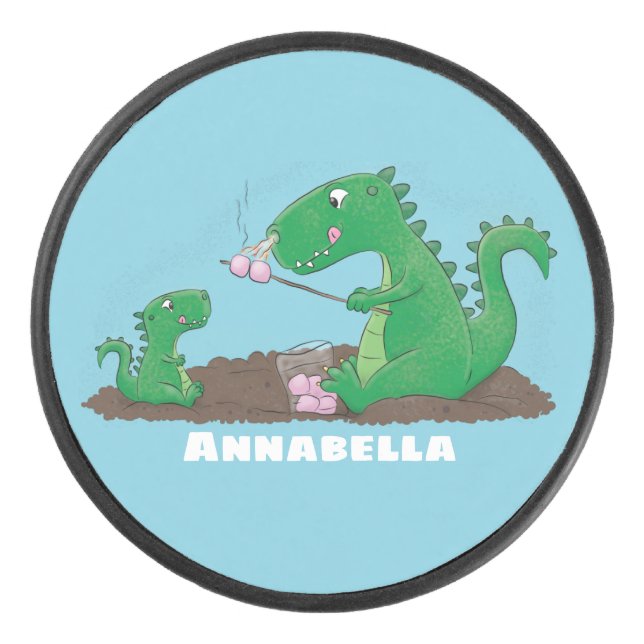 Cute dragons roasting marshmallows cartoon hockey puck (Front)
