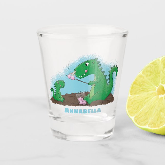 Cute dragons roasting marshmallows cartoon  shot glass (Front)