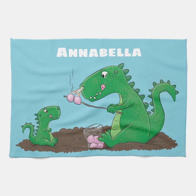 Cute dragons roasting marshmallows cartoon tea towel (Horizontal)