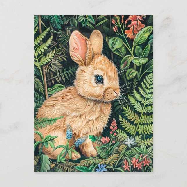 Cute drawing of a hare sitting on the forest floor postcard (Front)
