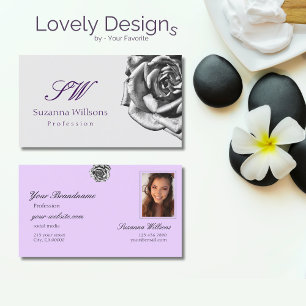 Cute Drawn Rose Plain Grey Lilac Initials Photo Business Card