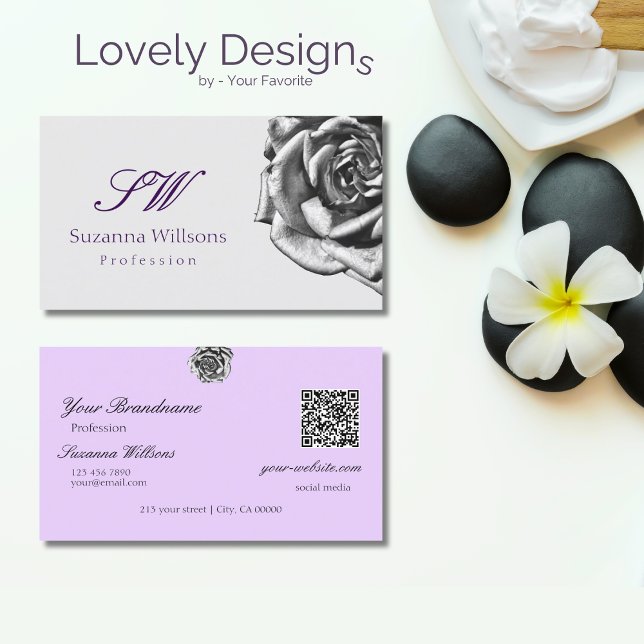 Cute Drawn Rose Plain Grey Lilac Initials QR Code Business Card (Creator Uploaded)