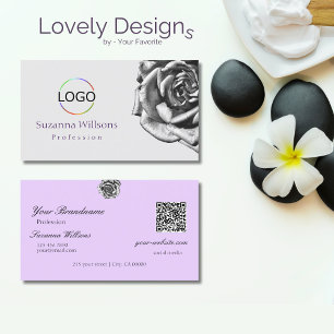 Cute Drawn Rose Plain Grey Lilac with Logo QR Code Business Card