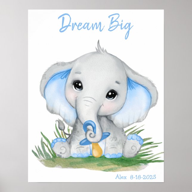 Cute Dream Big Blue Elephant Personalised Poster (Front)