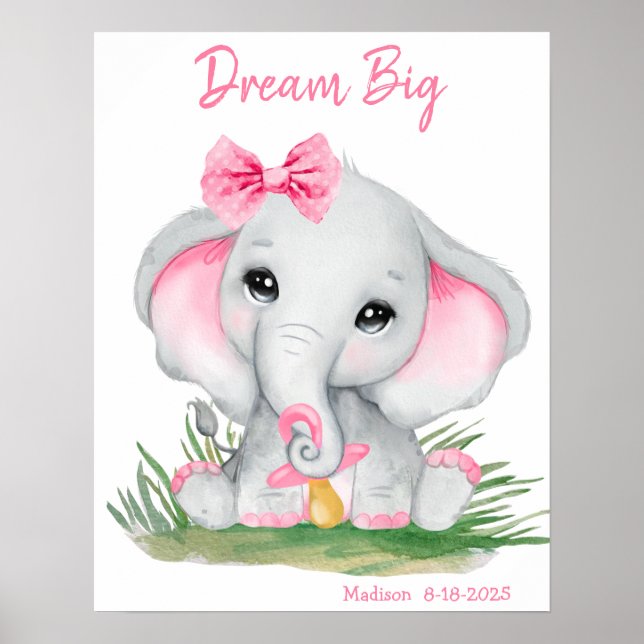 Cute Dream Big Pink Elephant Personalised Poster (Front)