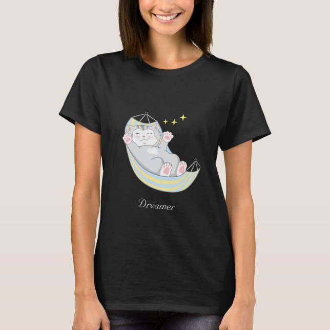 Cute Dreamer Kitty Cat in Hammock T-Shirt (Front)