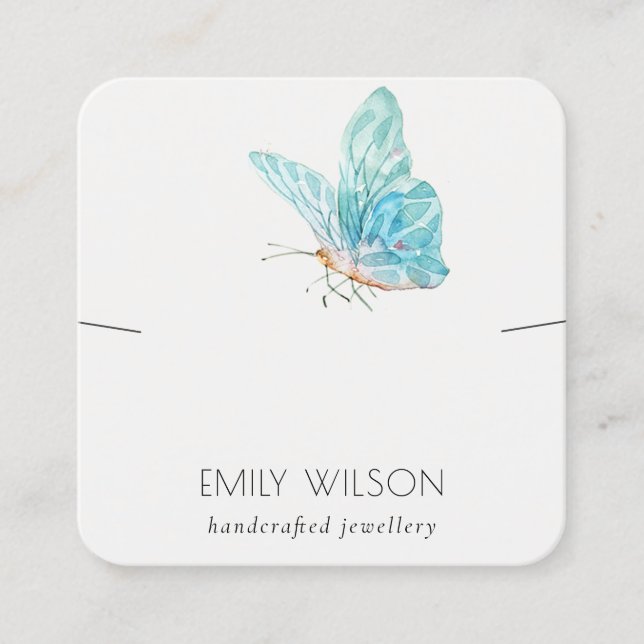 Cute Dreamy Blue Aqua Butterfly Earring Display Square Business Card (Front)