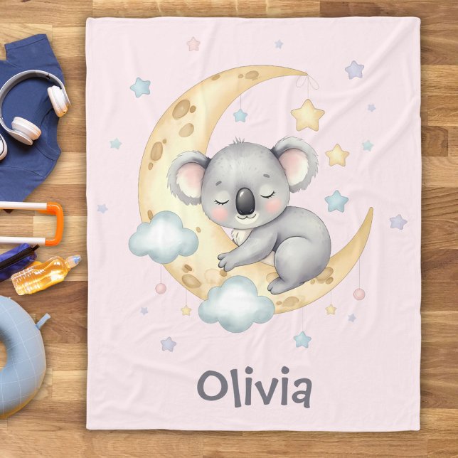Cute Dreamy Koala on Crescent Moon Girls' Fleece Blanket (Creator Uploaded)