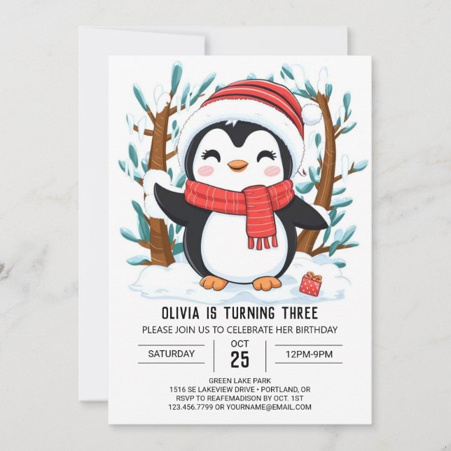 Cute Dreamy Penguin Digital Birthday Invitation (Front)