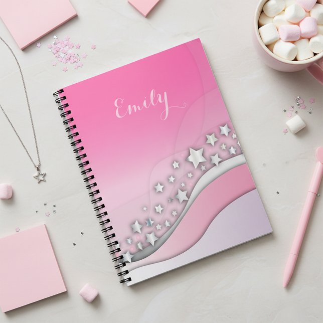  Cute Dreamy Pink and Silver Stars Girly Notebook (Creator Uploaded)
