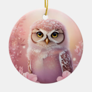 Cute Dreamy Pink Burrowing Owl  Ceramic Tree Decoration