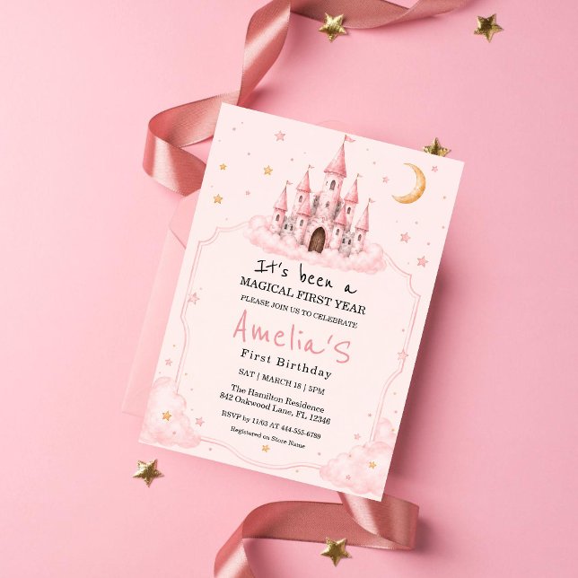 Cute Dreamy Pink Castle First Birthday Invitation (Creator Uploaded)