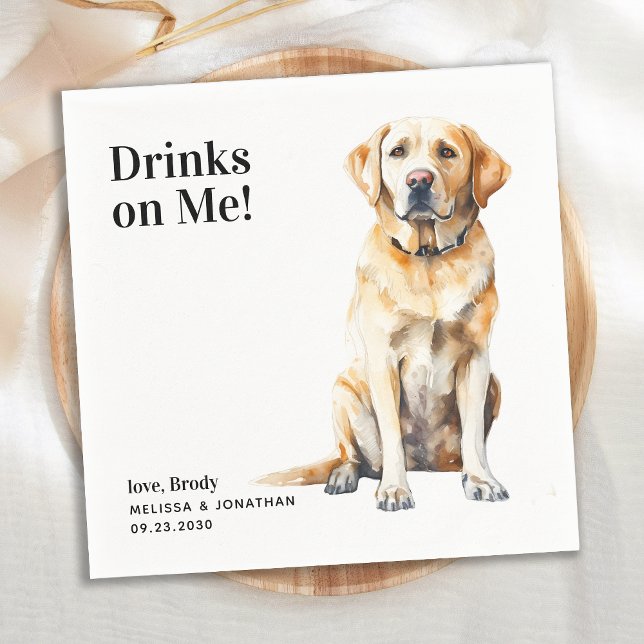 Cute Drinks On Me Yellow Labrador Dog Wedding Napkin (Creator Uploaded)