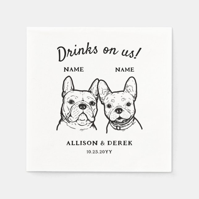 Cute Drinks On Us 2 Dogs Wedding Cocktail Napkin (Front)