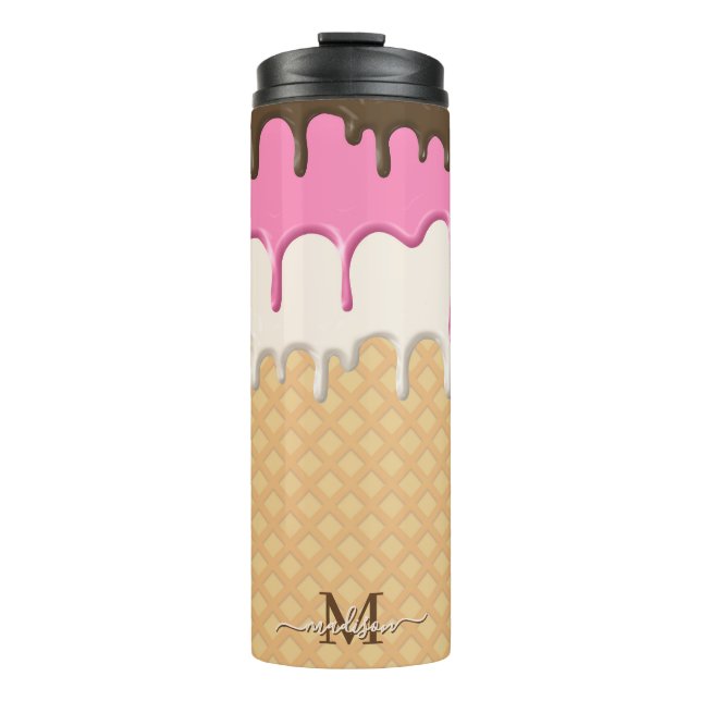 Cute Dripping Ice Cream Waffle Cone Monogram  Thermal Tumbler (Front)