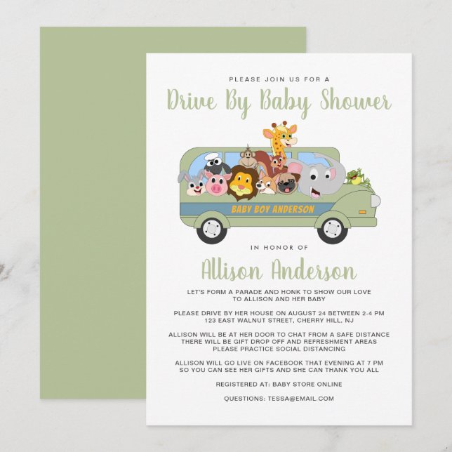 Cute Drive By Baby Shower Animal Safari Bus Green Invitation (Front/Back)