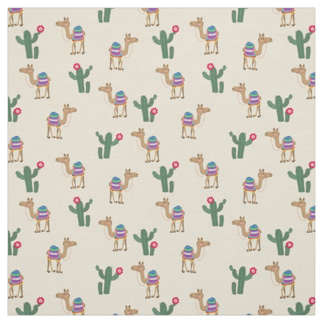 Cute Dromedary Camel and Cactus Fabric (Swatch)