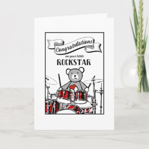 Cute Drummer Teddy Rockstar Rock Roll Baby Shower  Card