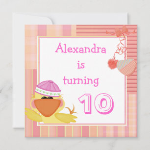 Cute Duck And Love Hearts 10th Birthday Invitation