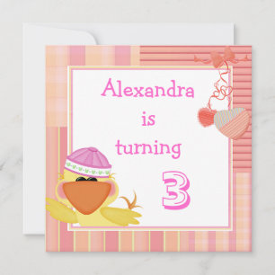 Cute Duck And Love Hearts 3rd Birthday Invitation