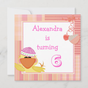 Cute Duck And Love Hearts 6th Birthday Invitation