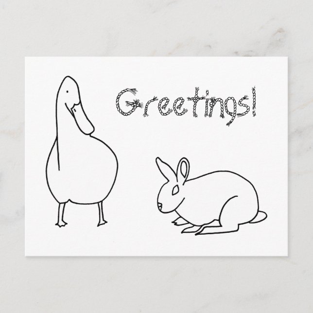Cute Duck and Rabbit Greetings Colouring Postcards (Front)