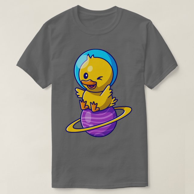 Cute Duck Astronaut Sitting On Planet Cartoon T-Shirt (Design Front)