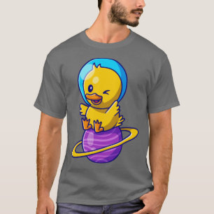 Cute Duck Astronaut Sitting On Planet Cartoon T-Shirt