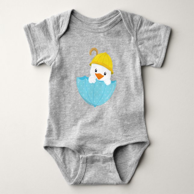 Cute Duck, Baby Duck, Duck With Umbrella, Rain Baby Bodysuit (Front)