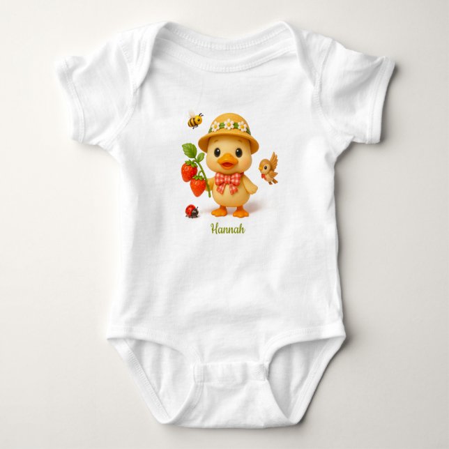 Cute Duck Baby – Strawberries, Flowers. Bodysuit (Front)