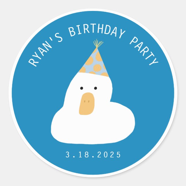 Cute Duck Birthday Hat Celebration Custom Name  Classic Round Sticker (Front)