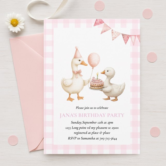 Cute Duck Birthday Party | Pink Gingham Farm Theme Invitation (Creator Uploaded)