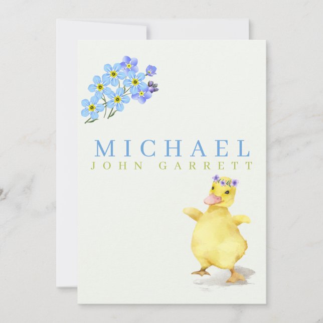 Cute duck blue floral pastel photo baby boy birth announcement (Front)