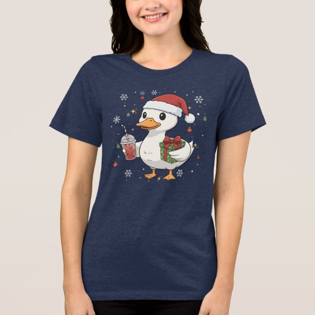 Cute Duck Christmas Drink Cozy Holiday Gift Tri-Blend Shirt (Front)