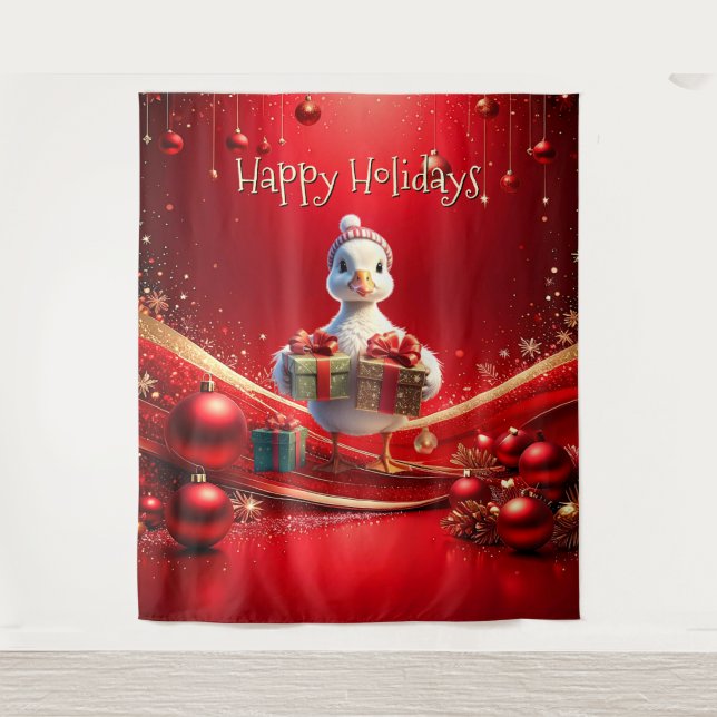 Cute Duck Christmas Holiday Backdrop Tapestry (Front)