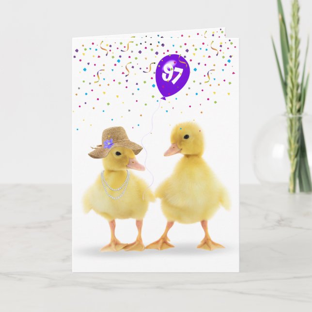 Cute Duck Couple With 97th Birthday Balloon Card (Front)
