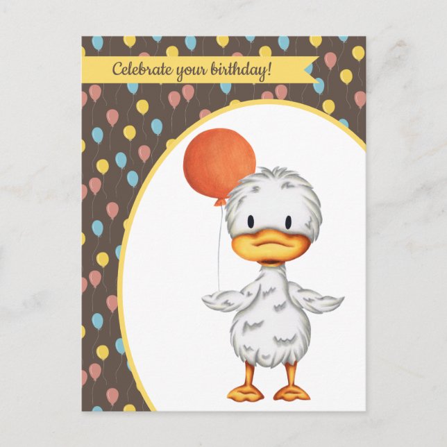 Cute Duck drawing with Orange Balloon Birthday Postcard (Front)